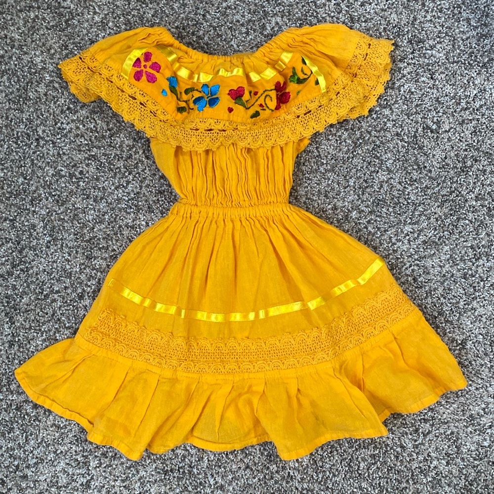 Mustard yellow off the shoulder embroidered dress